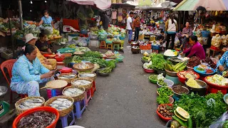 Massive supplies of fish, vegetables, fruits, & meat, Cambodian food market scenes