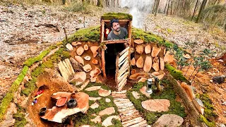 Building Bushcraft Survival Shelter - WARM UNDERGROUND BUNKER & Clay Fireplace - Cook Steak on Mud