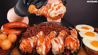 ASMR MUKBANG | FRIED CHICKEN BLACK BEAN NOODLE CHEESE BALL KIELBASA SAUSAGE EATING 진진짜라 슈프림 양념치킨 먹방!