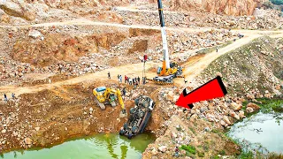 Amazing Technique Skills Dump Truck fail to water Sinking In Deep Water Recovery By Crane&Excavators