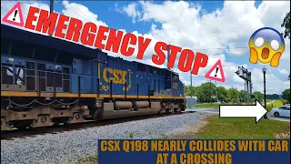 Q198 GOES INTO EMERGENCY! CSX train Nearly hits A Vehicle at a Crossing (Plus Exclusive Horn Show!)