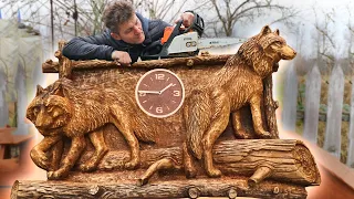 AMAZING CHAINSAW wood carving, WOLVES bas-relief