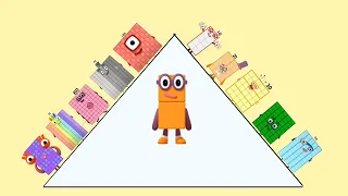 Numberblocks 1,2 and 4 add from 10 to 100 by climbing the a pyramid and creating new numbers