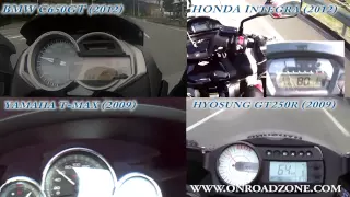 YAMAHA T-MAX vs BMW C650GT vs HONDA NC700D Integra vs HYOSUNG GT250R Comet  0-100km/h