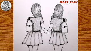 Best friends❤Pencil Sketch Tutorial|How to draw two friends Holding Hands|Easy Bff drawing