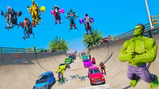 CARS, TRUCKS, JETPACK with SPIDER-MAN and HEROES! Challenge Cars on X Ramp - GTA 5 #ramps #spiderman