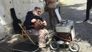 Prague's Old Musical Instrument Hurdy-Gurdy from the Medieval Ages & Authentic Old Man Singer