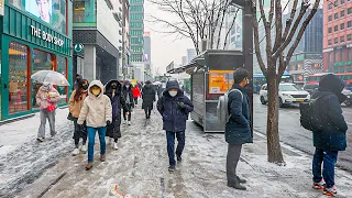 [4K HDR] Walking in the Snowy Gangnam Streets Seoul ASMR Ambience Sounds Korea