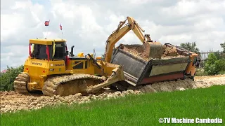 Scania Dump Truck Stuck in Deep Mud & Recovery By Shantui Dozer, CAT 312B Excavator