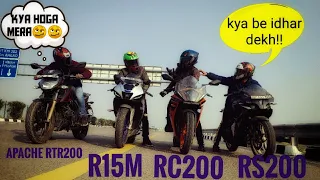 Apache Rtr 200 vs R15M vs Rc200 vs Rs200 || Long race || Quad Battle