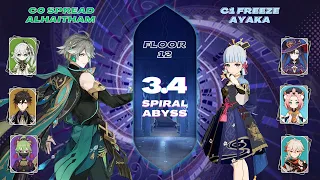 Abyss 3.4 - C0 Spread Alhaitham & C1 Freeze Ayaka | Floor 12 - 9 Stars | Genshin Impact (Android)