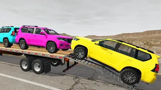 Flatbed Trailer Toyota Cars Transportation with Truck - Pothole vs Car #010 - BeamNG.Drive