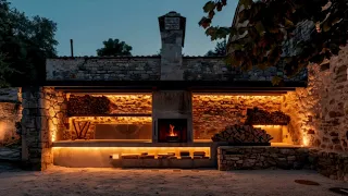 Crackling Fire & Countryside Ambience | Tranquil Outdoor Stone Fireplace for Sleep & Relaxation