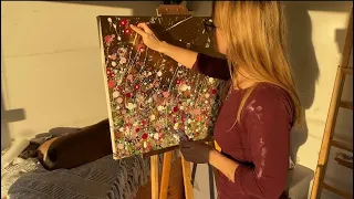 Painting a GOLD Acrylic Wildflower Painting - Paint Layering - Relaxing Process