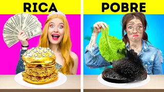 GAROTA RICA X POBRE || Comer alimentos caros por 24h! Desafio cômico com comida, por 123 GO! FOOD