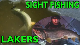 SIGHT FISHING LAKE TROUT Through The Ice - BIG MaMa Smashes My Rattle Bait in 7 Feet of Water!