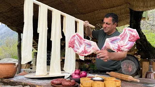 Cooking A Unique Beshbarmak! Delicious Meat with Dough and Vegetables