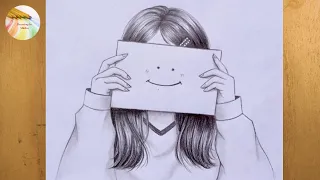 How to draw A girl hides her emotions with a smiley face emoji - Pencil Sketch  || Drawing by Minha