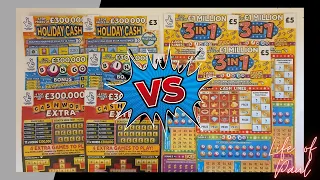 New £5 scratch cards. Scratched off are £15 of the new 3 in 1 Scratch cards against £18 of £3 cards.