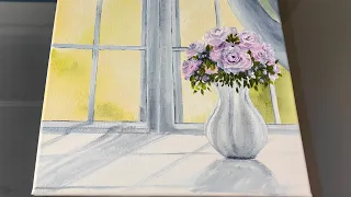 Flower Vase  on the Windowsill Acrylic Painting / Step-by-step Tutorial For Beginners