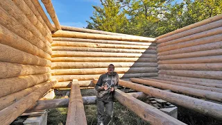 Building Off Grid Log Cabin - Ep 19 /  The Walls Are Done And The Lift is Out!