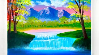 Easy Waterfall Landscape Painting for Beginners | Step by Step waterfall painting tutorial