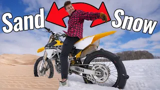 Dirt Bike With Paddle Tire Rips in Sand Dunes and Snow!