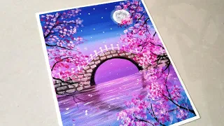 Beautiful Moonlight Cherry Blossom Bridge Scenery Painting for Beginners/ Easy Acrylic Painting