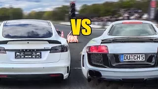 Audi R8 vs Prior Design Tesla PD S1000 Model S - DRAG RACE!