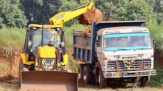 JCB 3dx Backhoe Loading Brown Mud in Tata 2518 Ex Truck and Tata 10 Wheeler Tipper