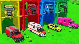 MERCEDES, FORD AMBULANCE EMERGENCY & AUDI, VOLKSWAGEN POLICE RESCUE CARS TRANSPORT WITH TRUCK! FS22