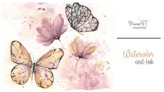 Ink with watercolor - loose butterflies and flowers