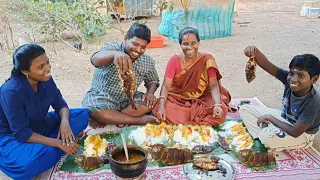 country big fish fry with dal soup white rice, eating with family rural cooking style