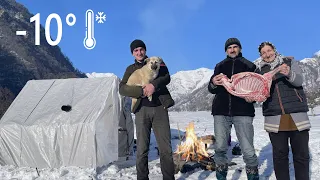 Hot Tent Snow Camping | Cooking Goat kebab in Nature | Outdoor cooking