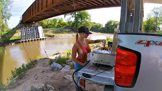 Truck Camping Under a Remote Bridge In the WOODS!!! (Fishing Cooking Camping!!)