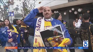 Laker fans celebrate Kobe Bryant statue in downtown L.A.