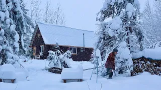 SNOWED IN: Winter Snowstorm Hits Our Simple Off Grid Cabin. Warm And Cozy.