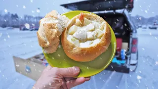 Cooking Clam Chowder Out of My Truck (camping meal)