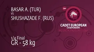 1/4 GR - 58 kg: A. BASAR (TUR) df. F. SHUSHAZADE (RUS) by TF, 8-0