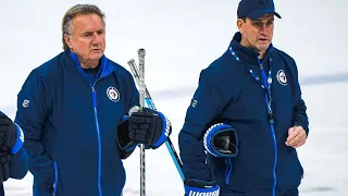 Winnipeg Jets associate coach Scott Arniel discussing the retirement of head coach Rick Bowness