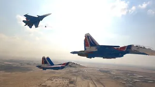 Aerobatic Team Russian Knights Dubai Airshow. Fighters Su-30 over Dubai. Original cockpit sound