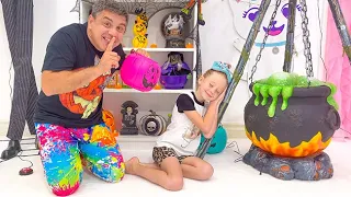 Dad decorates Nastya's room for Halloween