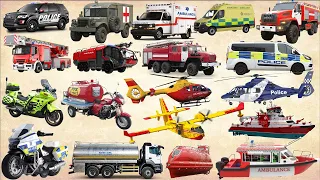 Emergency Vehicles Collection | Fire Truck, Police Car, Ambulance, Helicopter