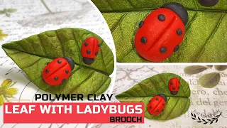 ~JustHandmade~ How to make an easy polymer clay (fimo) leaf with ladybugs - brooch - tutorial