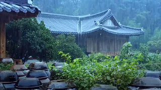 Heavy rain falls on the hanok house