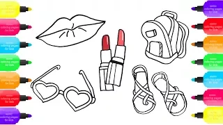 How to draw set accessories for girls | Sumo Coloring pages: lips, lipstick, shoes, bag, glasses