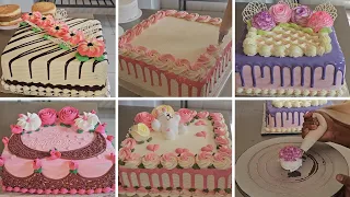 Idea nueva para decorar un pastel cuadrado para mujer con ganache de chocolate y flores en crema