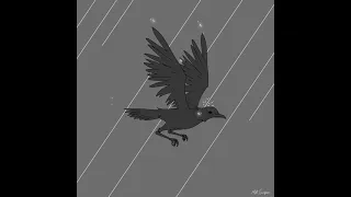 An animated crow flying in the rain.