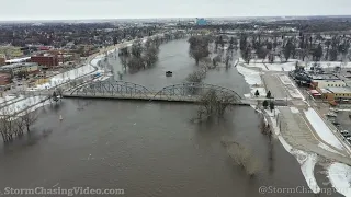 Drone Footage - Red River Flooding Closes Bridge, Grand Forks, ND - 4/25/2022