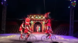 Circus  The show of girl gymnasts on bicycles - Rewinding
